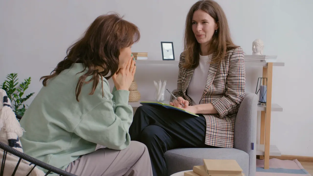 Two women talking in armchairs in a calm room, one taking notes